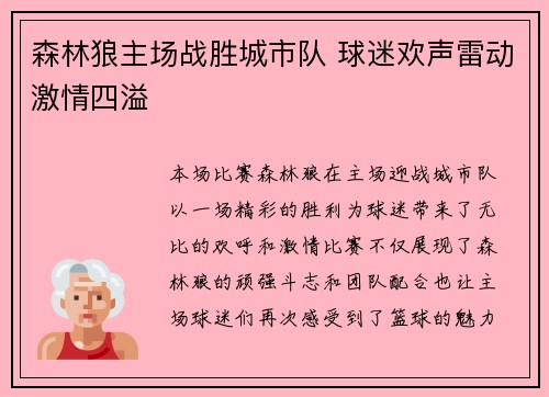 森林狼主场战胜城市队 球迷欢声雷动激情四溢