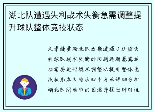 湖北队遭遇失利战术失衡急需调整提升球队整体竞技状态