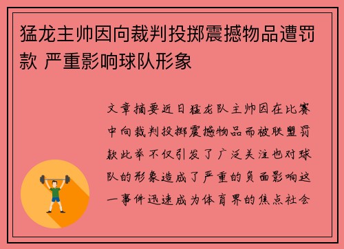 猛龙主帅因向裁判投掷震撼物品遭罚款 严重影响球队形象