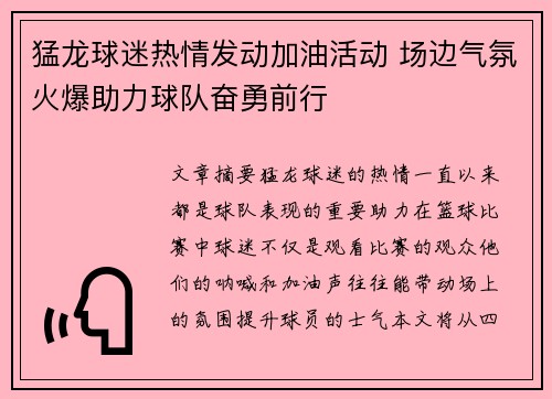 猛龙球迷热情发动加油活动 场边气氛火爆助力球队奋勇前行