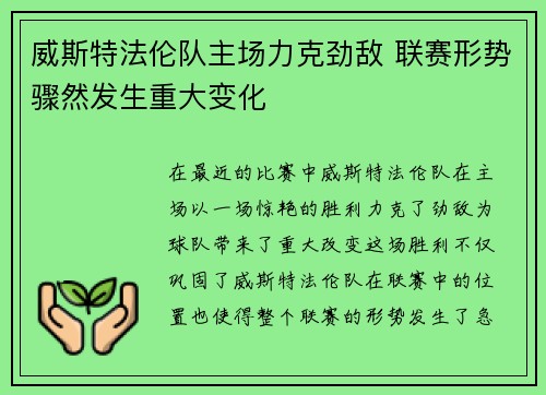 威斯特法伦队主场力克劲敌 联赛形势骤然发生重大变化