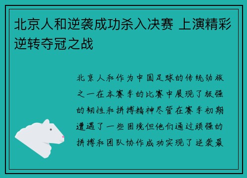 北京人和逆袭成功杀入决赛 上演精彩逆转夺冠之战