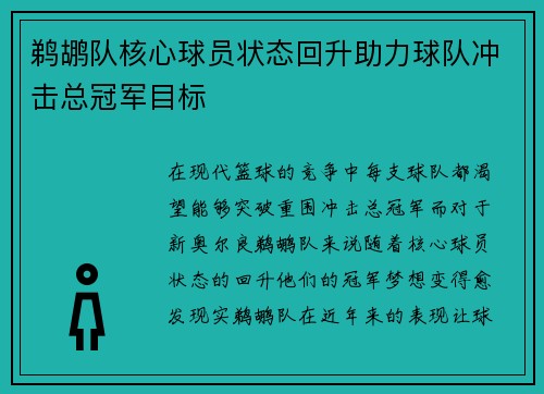 鹈鹕队核心球员状态回升助力球队冲击总冠军目标